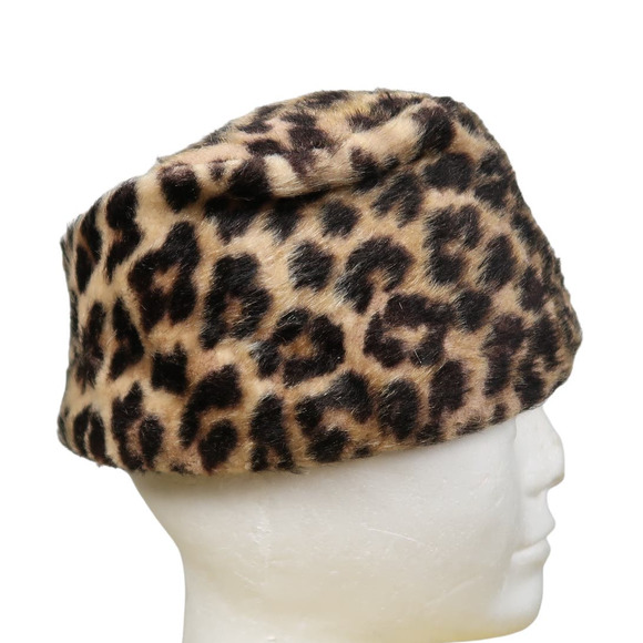 Vintage 60s I. Magnin tan brown and black leopard print fur pillbox hat - Picture 3 of 8